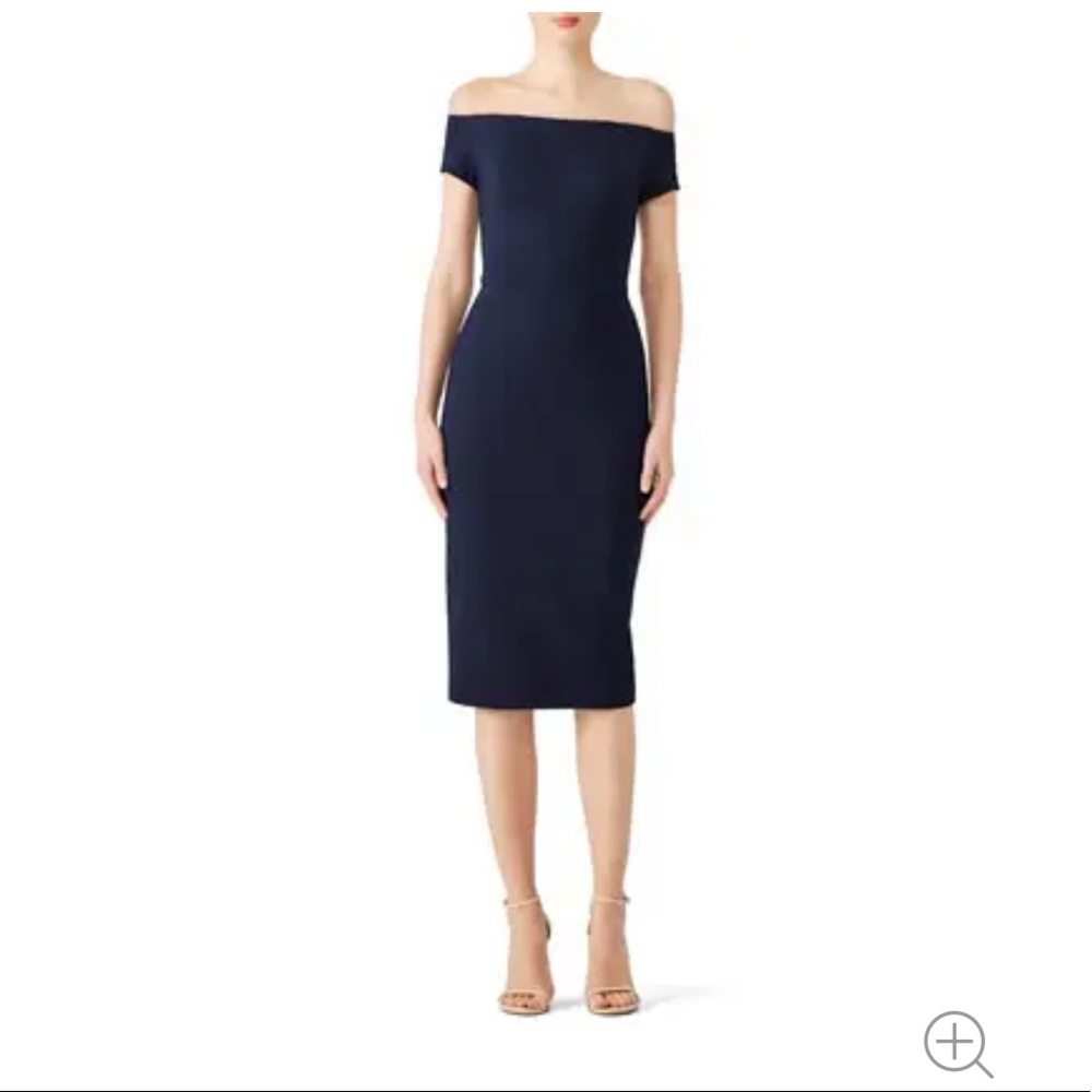 Trina Turk indigo sheath off shoulder stretchy shirt sleeve midi dress size 0 - Picture 8 of 8